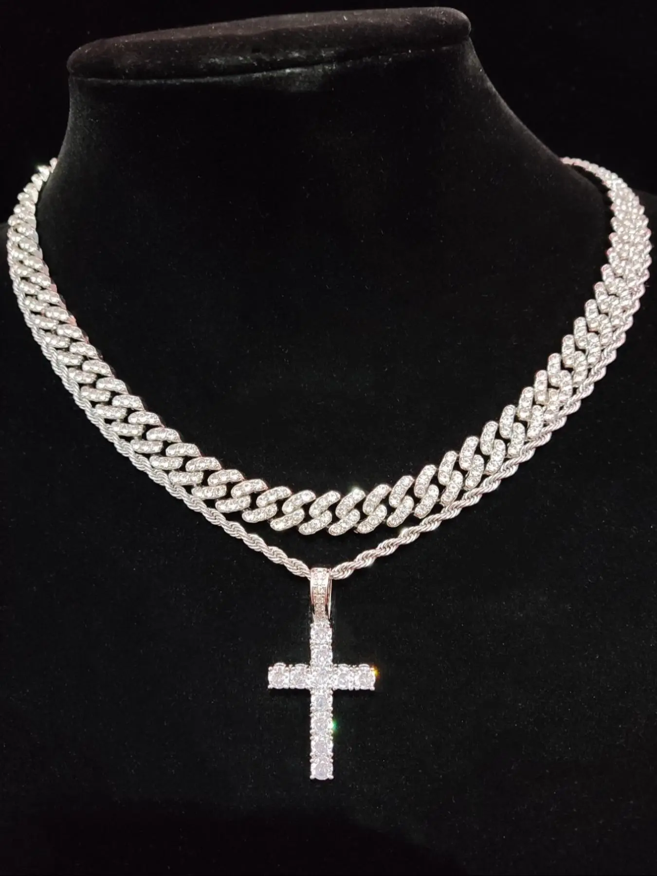 Punk Style Rhinestone Chunky Chain Necklace & Cross Pendant Necklace, Trendy Hip Hop Cuban Chain & Cross Necklace for Bf & Gf, Chic Iced Out Jewelry f