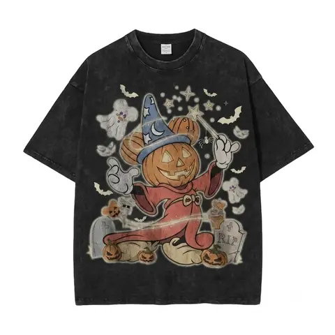 Men's Casual Menswear Short-Sleeve Round Neck Halloween Sorcerer Pumpkin Head Graphic T-Shirt - Vintage Acid Wash, Oversized Baggy Loose Fit, Spooky Cute Mouse Print, Retro Dark Cartoon Design, Soft Cotton, All-Season Apparel