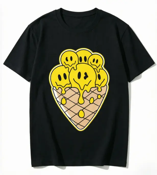 Women's Triple Melting Yellow Smiley Ice Cream Cone T-Shirt - Retro Y2K Crew Neck Short Sleeve Cotton Cool Streetwear Casual Tee