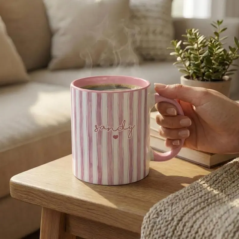Personalized Name Striped Mug, Personalized Coffee Cup with Heart, New Aunt Gift, Auntie Gift from Baby, Custom Birthday Gift for Her Huynh