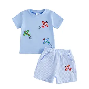 Toddler Boy Summer Outfits Baby Boy Airplane Embroidery Short Sleeves T-shirt Stripe Shorts Set Infant Boy Clothes Set