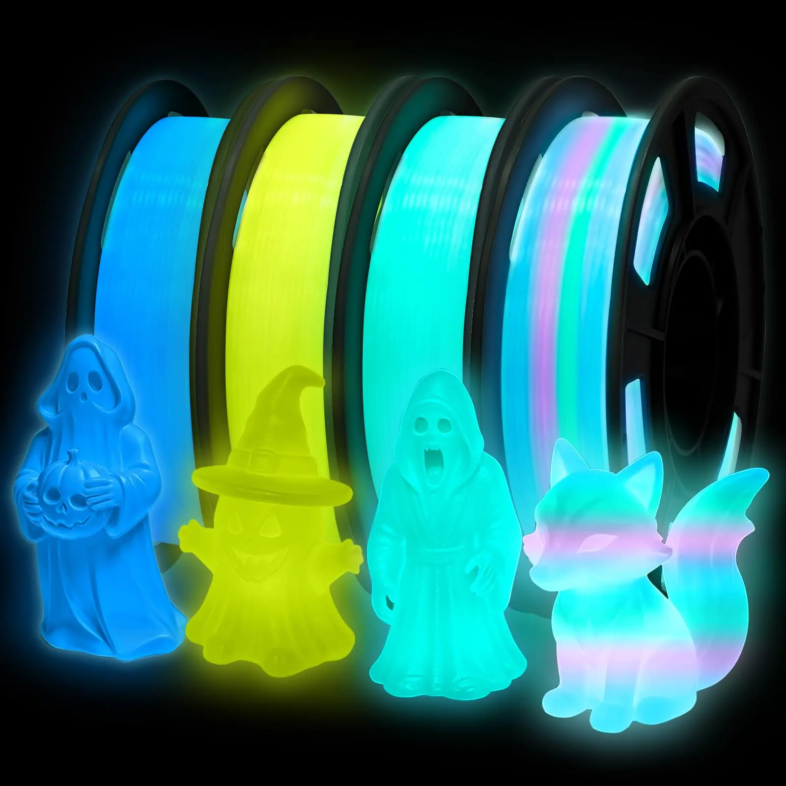 Glow in The Dark PLA+3D Printer Filament, PLA+Filament 1.75 mm, Stronger Lighting Effect, Glow Filament Multicolor for Most 3D Printers, 250g*4 Spools - Blue, Yellow, Bluegreen, Rainbow2