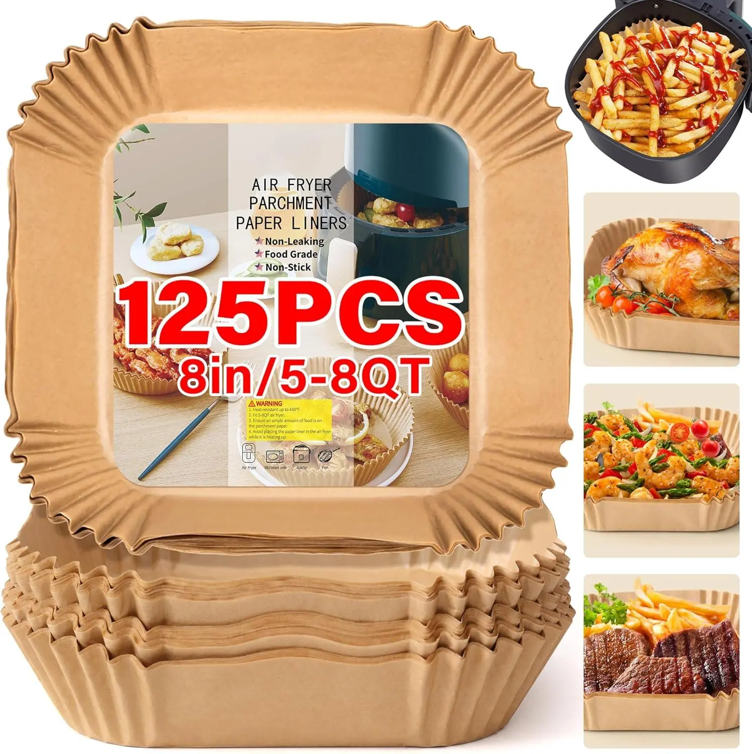 Bakeware Air Fryer Liners Disposable, 125pcs Non-stick Disposable Airfryer Liners, 8 Inch Unbleached Parchment Paper, Square Air Fryer Paper Liners for 5-8QT Air Fryer, Baking, Roasting Microwave Kitchen Utensils Set