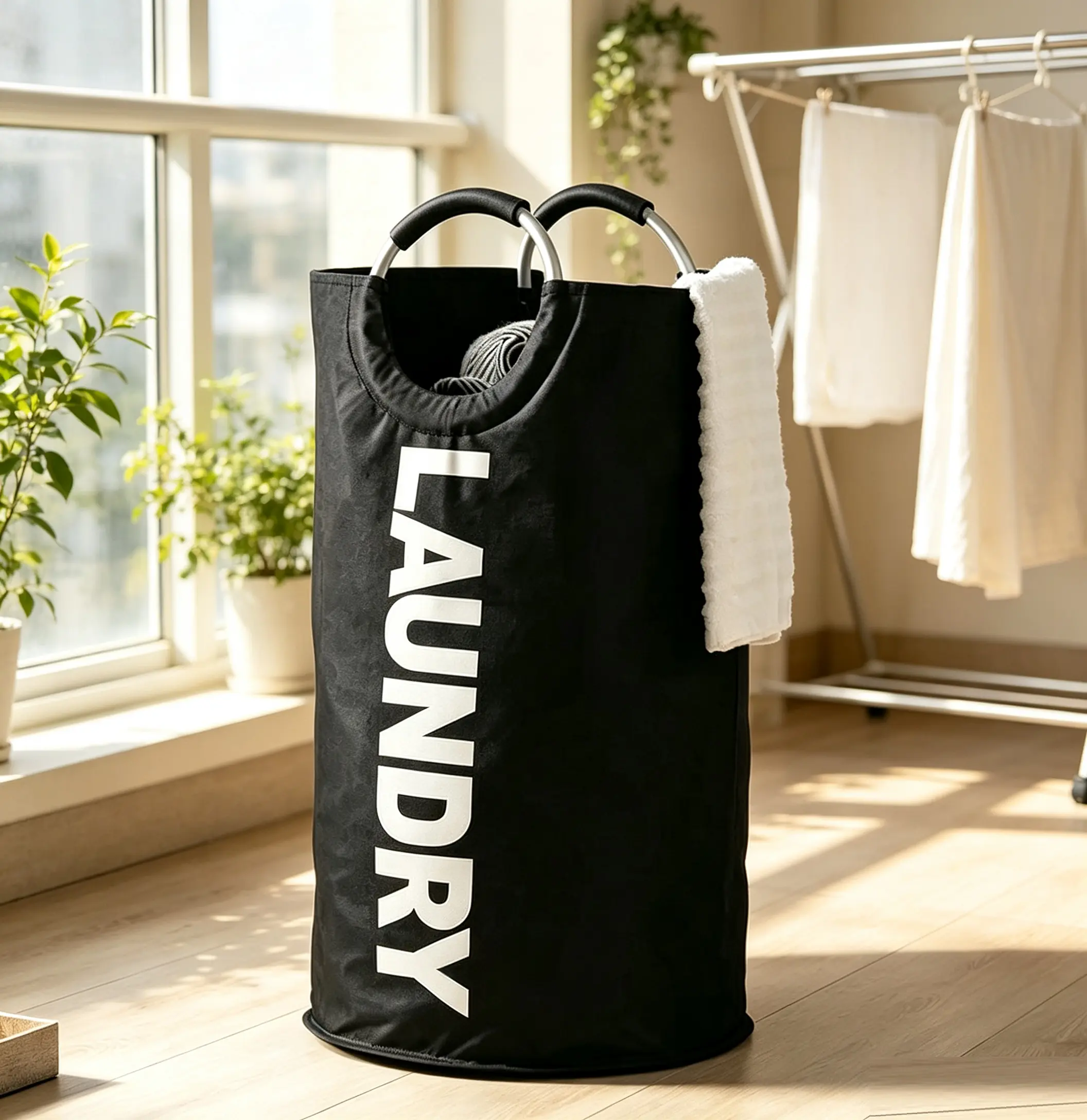90L Waterproof Collapsible Standing Laundry Basket with Soft Cushioned Aluminum Handles, Stable Upright Garment Storage Bin for Apartment, Dorm Daily Dirty Clothes Sorting & Household Use
