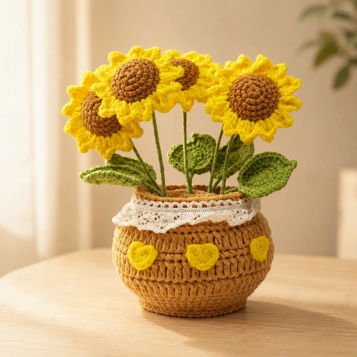 Handmade Crochet Sunflowers Kit - Puffed Knitted Flower Bouquet for Home Decor Artificial Faux Plants Decoration, Room Decor