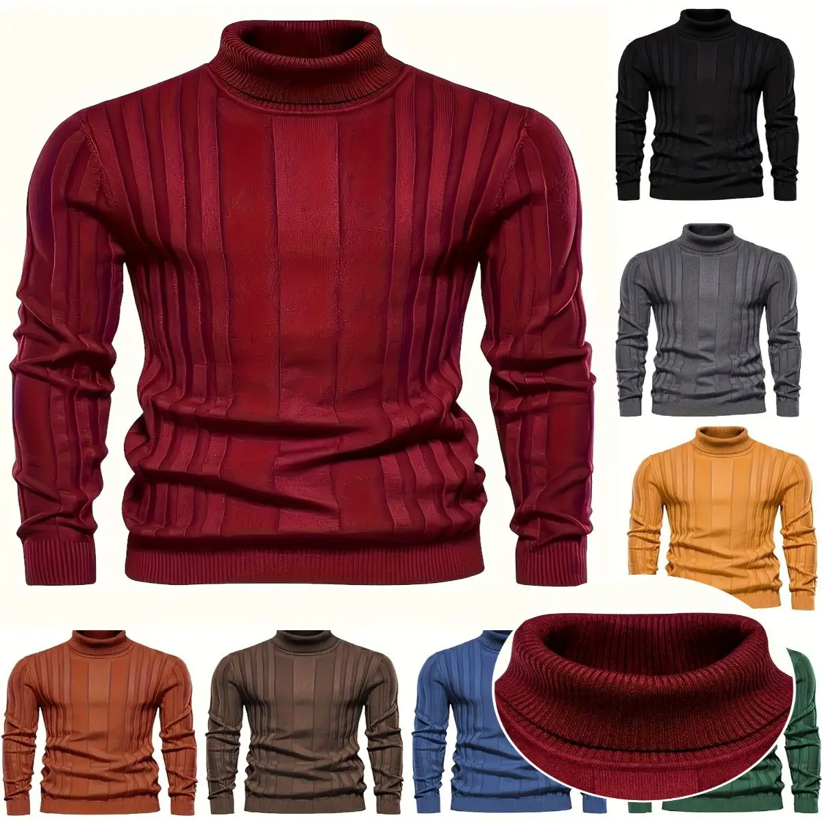 Turtleneck Knitted Sweater, Men's Casual Warm Solid High Stretch Pullover Sweater For Fall Winter