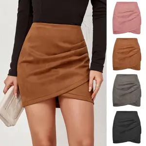 2025 Suede Solid Color Bodycon Midi Skirt for Women Autumn Winter Ruched Irregular Zipper Short Skirt in Brown Pink Grey Black casual college style