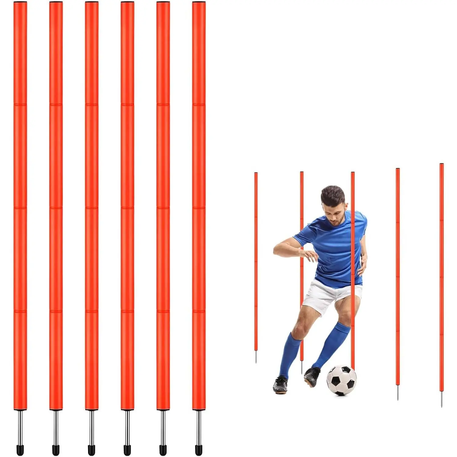 6PCS 6FT Adjustable Soccer Agility Training Poles, Detachable Sports Training Speed Sticks, Slalom Training Agility Pole Set, Outdoor Speed & Agility Turf Training Poles for Soccer Drills