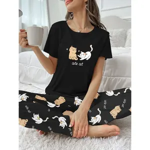 Women'S Cute Cat & Letter Print Pajama Set, Short Sleeve Round Neck Top & Pants, Comfortable Relaxed Fit
