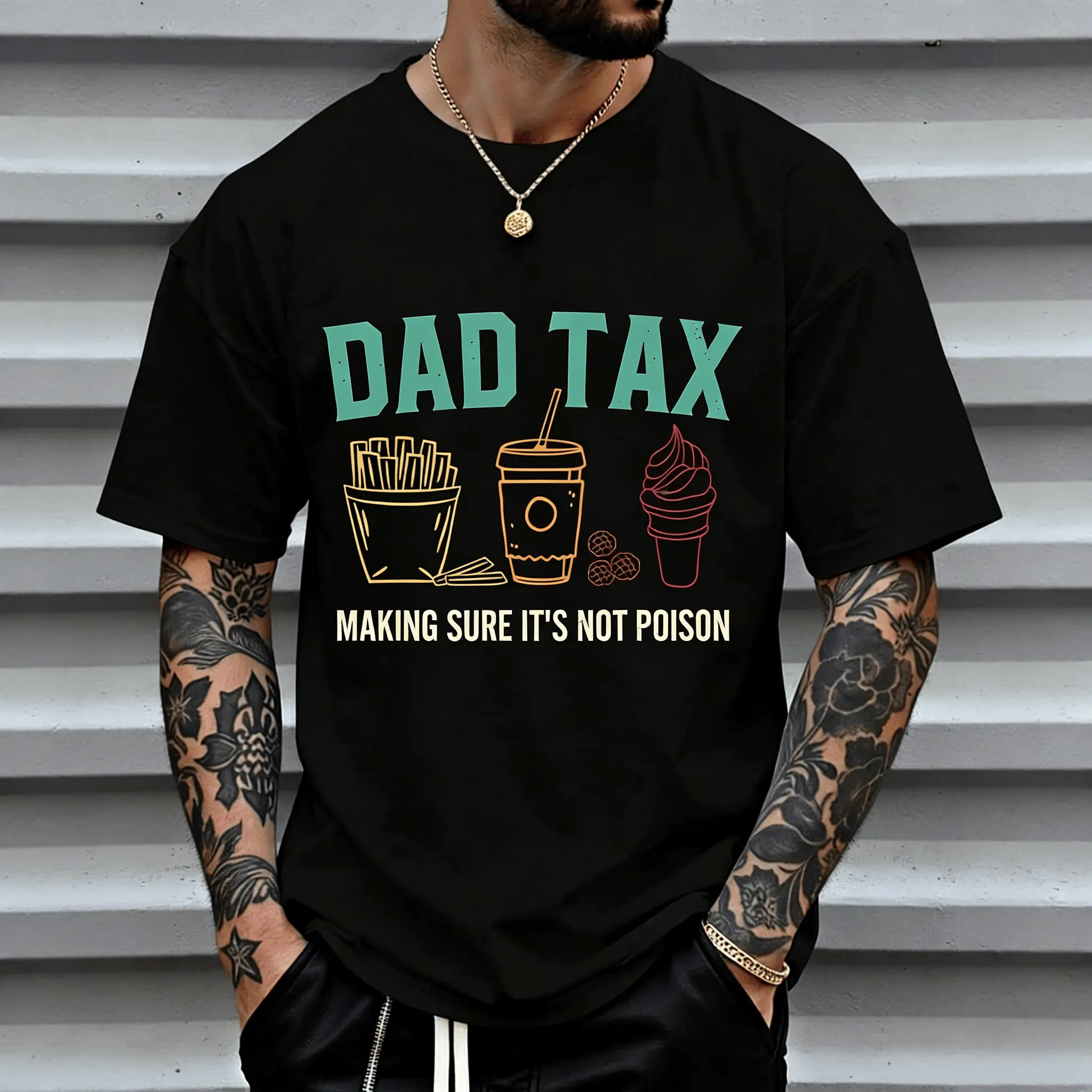DAD TAX Funny Dad Joke Men’s Graphic Short Sleeve Crew Neck Tee Oversized Loose Fit Casual Streetwear Everyday Wear Unisex Graphic Tee Food Humor Meme Shirt Daily Outfit Available Sizes S-5XL