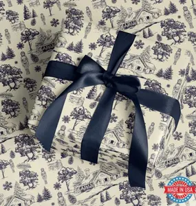 Dark Blue Christmas Toile Wrapping Paper, Nutcrackers, Cabins, Trees and More, Vintage Wrapping Paper