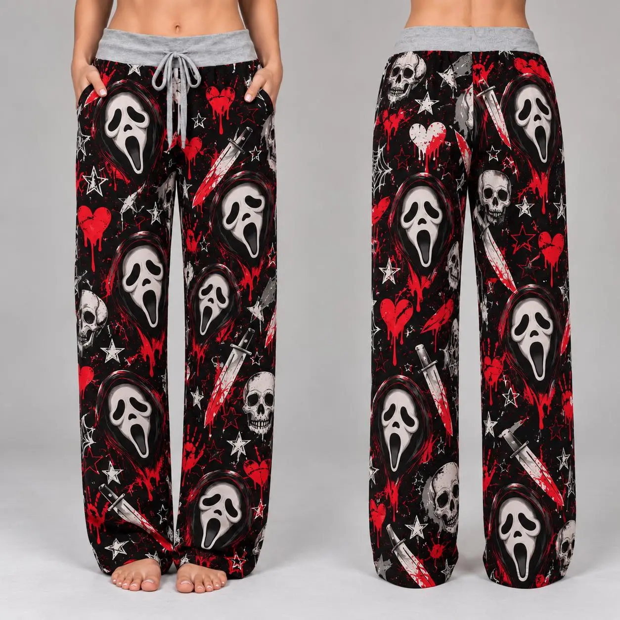 Ghostface Print Pajama Pants for Women, Bloody Knife & Skull Horror Sleep Bottoms with Pockets, Soft Drawstring Elastic Waist Lounge Pants, Spooky Halloween Gift for Her