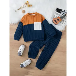 Toddler Boys Knitted 2Pcs Sets, Splicing Color Pocket Round Neck Long Sleeve T-shirt+Legged Pants Set Grid Elasticity, Cute, Soft Autumn and Winter Kids Clothing, Baby Boy Clothes, Festival Gifts, Holiday Outing Wear
