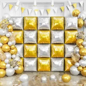 Gold Silver Square Foil Balloons Wall, Double Sided Magenta Mylar Balloons Backdrop Helium Mylar Balloo Kit for Anniversary, 2025 Graduation,Wedding, Birthday Party Decorations 25PCS
