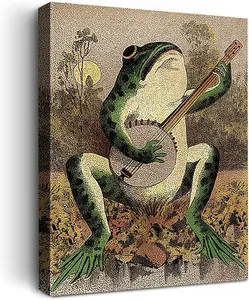 Vintage Banjo Frog Art Posters Canvas Painting Creativity Aesthetic Green Poster Print Wall Art Pictures for Living Room Bathroom Home Decoration Christmas Gift Kitchen Ornaments Photo Artistic Hanging