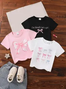 Girl's Bow & Letter Print Round Neck Tee, Cute Casual Short Sleeve T-shirt for Summer, Kids Clothes for Daily Wear, Graphic Shirts