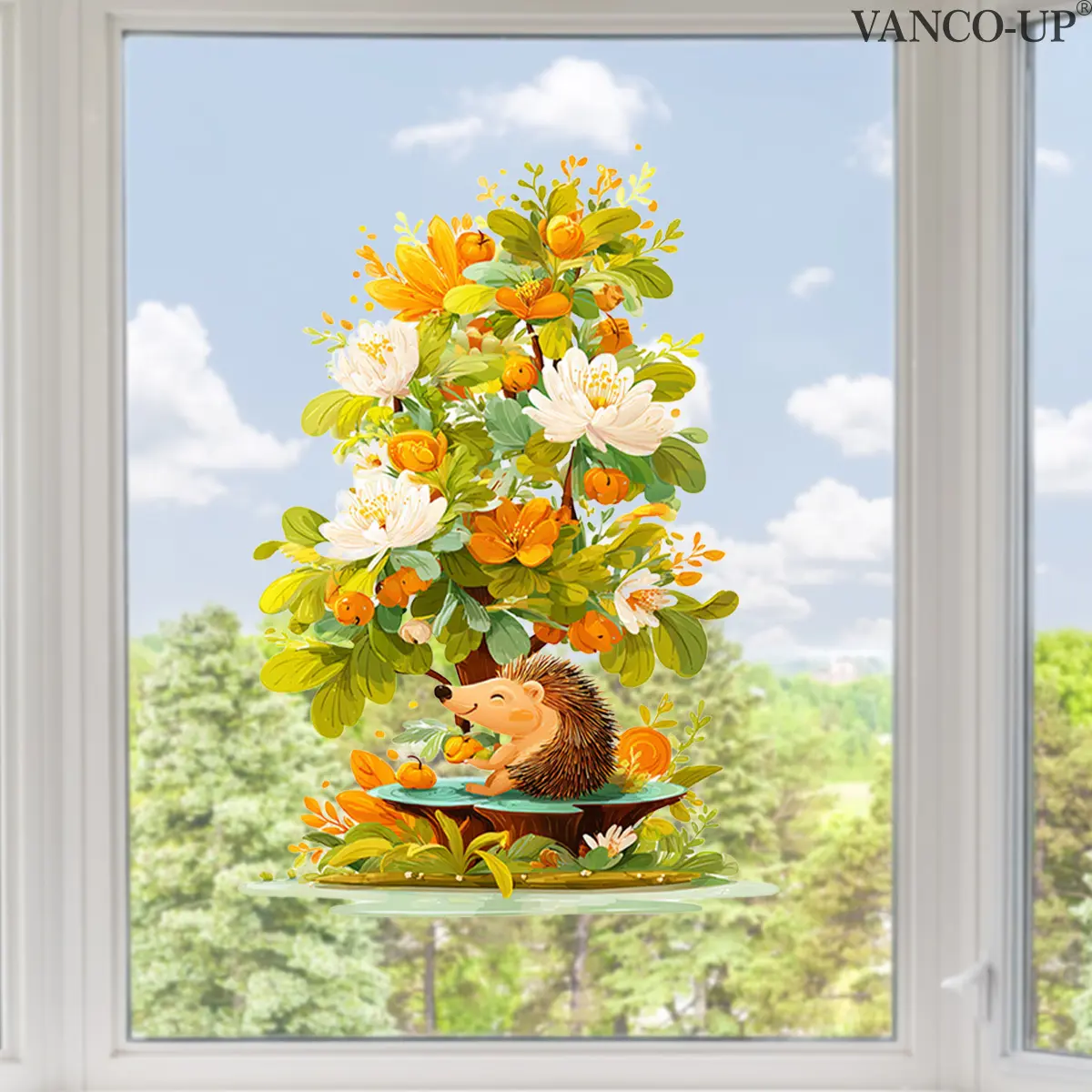2D flat, one (30*40cm) flower plant hedgehog window sticker, electrostatic adsorption glass window decoration E21287-KR