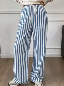 Women's Blue Striped Casual Fit Long Pants, Natural Versatile Texture, Comfortable Trendy City Style, All Seasons Wear