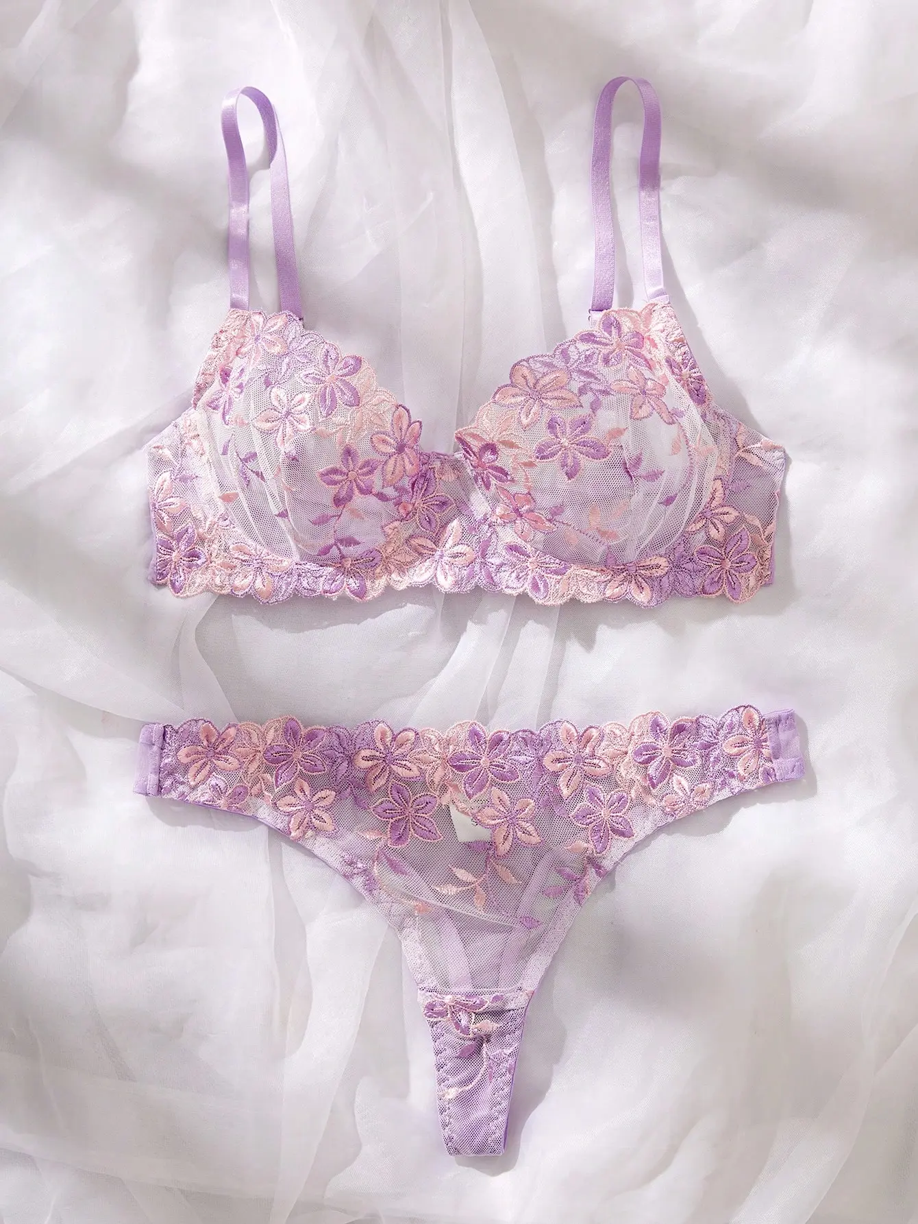 2pcs/Set Romantic Purple Underwire Women's Bra And Panty Set, Sexy Lingerie