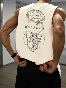 Men's "Balance" Oversized Tank Top, Workout Tanks - Philosophical Vibe, Brain & Heart Graphic Line Art Print, Soft Breathable Fabric, Perfect for Gym, Yoga, Casual Hangouts, Thought-Provoking Statement Tank for Mindful & Minimalist Enthusiasts
