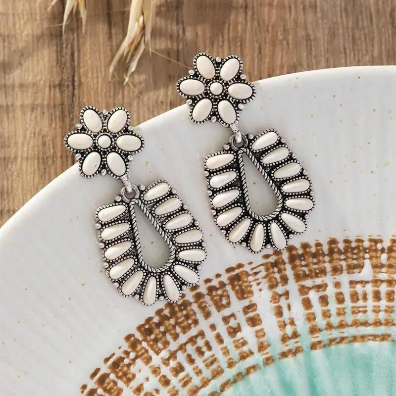 Vintage Boho Style Turquoise Decor Flowers Dangle Earrings, Bohemian Earrings, Unique Design Earrings, Fashion Jewelry for Party, Daily Clothing Decor, All-match & Exquisite Jewelry for Birthday Gift, Stylish Jewelry
