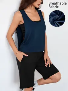 Women's Summer Sleeveless Sports Vest, Loose Fit Diamond Pattern Fabric, Soft Breathable Vest, Ideal for Outdoor Casual Daily Commute Gym Workout, Sports Apparel