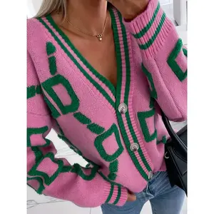 Women’s Colorblock Knit Cardigan, Casual Fashion Sweater with Unique Pattern, Spring & Autumn Wear, Trendy Outerwear, Knitwear