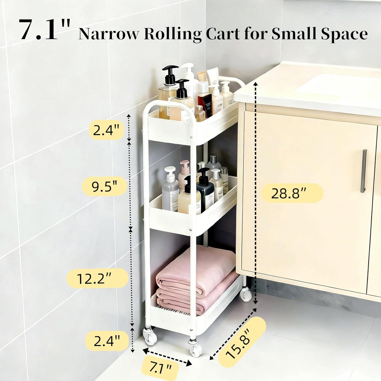 3 Tier Narrow Rolling Storage Cart for Laundry Room Bathroom Kitchen, 7.1'' Slim Utility Cart with Wheels and Lockable Casters Standing Shelf for Small Space & Between Washer and Dryer