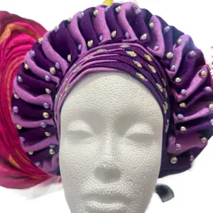 Elegant Purple and Lilac Ready to Wear African Auto Gele Head Wraps with Embellished Accents for African Party Fashion