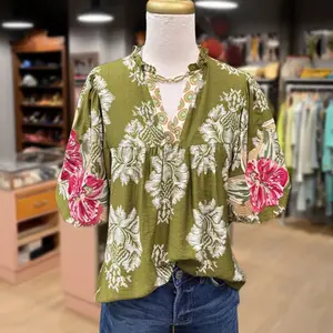 Cherrybetty Embroidered Vintage Puff Sleeve Floral Top Blouses Chic Elegant Womenswear Bohemian Olive Green Vneck fashion outfits plus size summer outfit Boho Fitted Shirt Blouse Tops westernoutfits for Teachers and Moms SpringStatements
