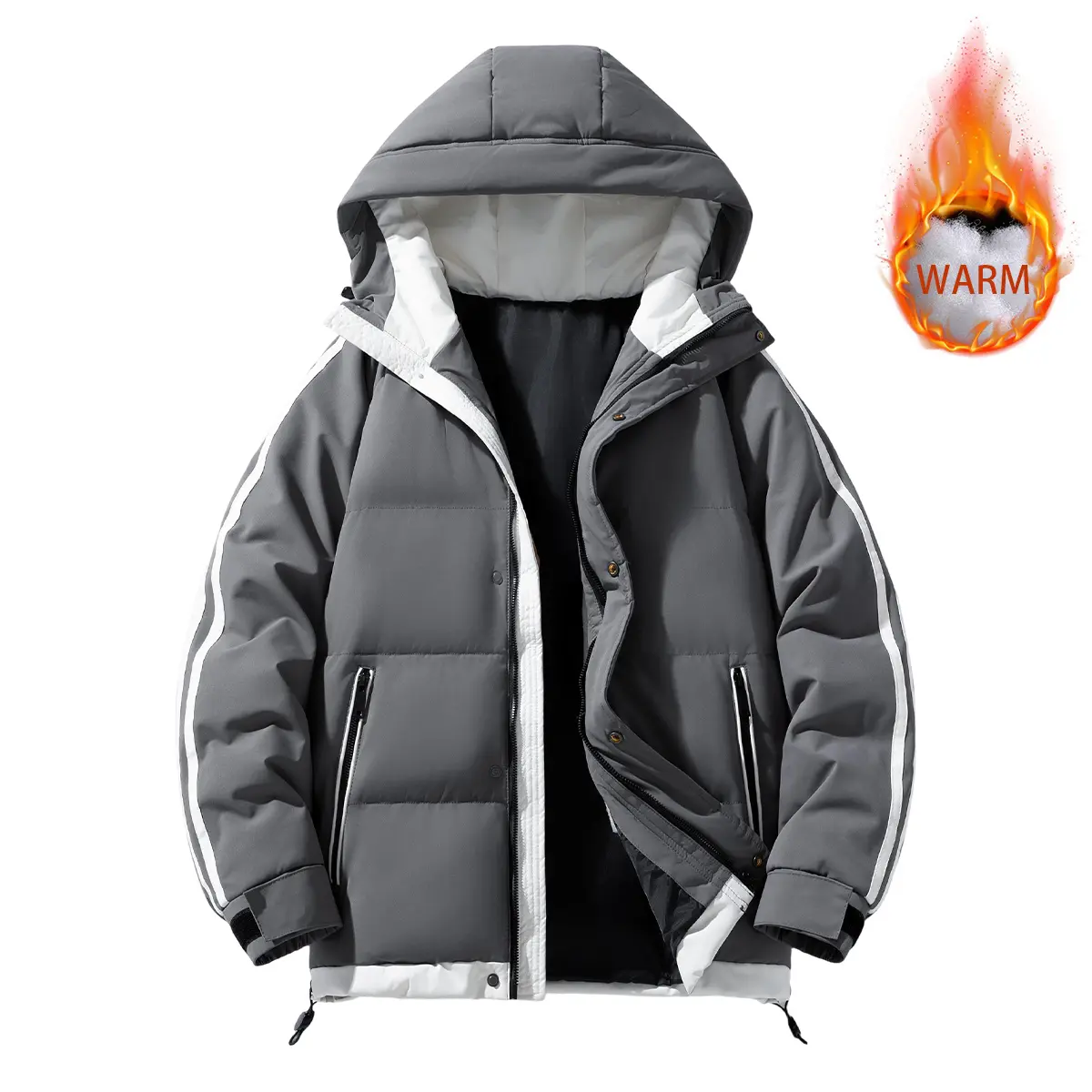 JOGWAVE Winter Hooded Jacket – Thick, Warm Outerwear for Casual Outdoor Use; Stand Collar Design with White Trim Zipper Side Pockets; Equipped with Windproof Drawstring and Adjustable Features