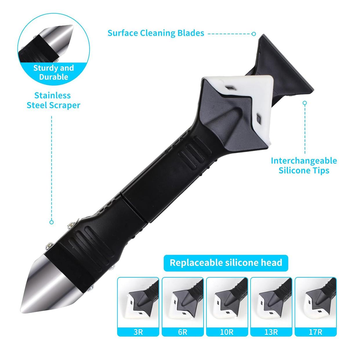 3 in 1 Silicone Caulking Tools, Sealant Finishing Tool Grout Scraper, Reuse and Replace 5 Silicone Pads, Great Tools for Kitchen Bathroom Window, Sink Joint