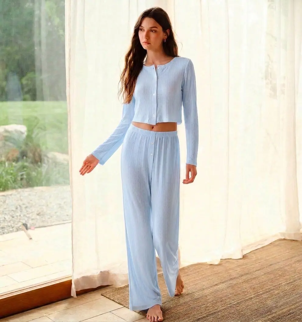 Women's Vintage 2-Piece Cozy & Comfy Pointelle Knit Cotton Loungewear Set - Long Sleeve Cropped Top, Stretch Fabric Pants, Soft Breathable Nightwear