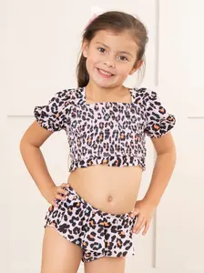 Peach Leopard Puff Sleeve Ruffle Swimsuit