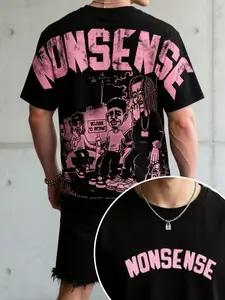 Y2K Men's Cartoon Print T-Shirt, Hip-Hop Streetwear Aesthetic Style, Vintage Letter Drop Shoulder Top, Summer Fashion for Skateboarders and Rappers