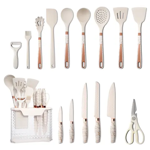 16-Piece Kitchen Cooking Set - Stainless Steel Knives, Silicone Utensils (Soup Scoop Included), Transparent Storage Rack, Cut Meat & Veg Toolkit, Can Cut Meat and Vegetables, Ideal Gift Set