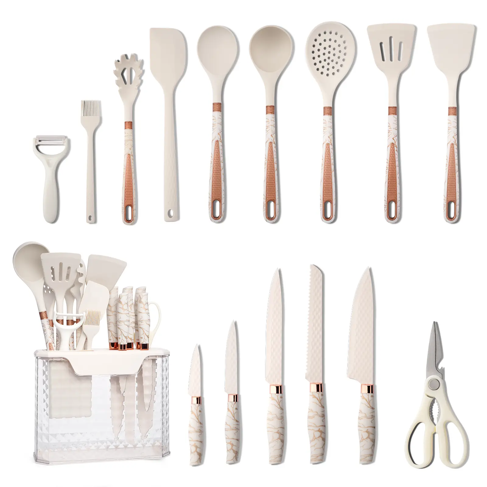 16 Piece Kitchen Knife Set, Silicone Kitchen Utensils Set, Clear Storage Rack, Can Cut Meat and Vegetables, Can Cook Noodles, Can Make Soup, Can Stir-