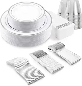 Premium party set: black plates with silver/gold rims, plastic cups, knives, forks, spoons—disposable tableware