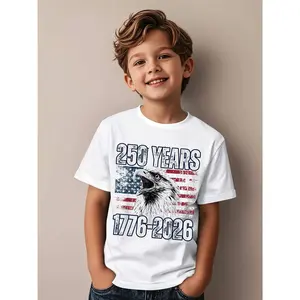 1pc Independence Day Kids' Eagle Flag Print White TShirt, Crew Neck, Casual Cotton Tee, Medium Stretch Knit Fabric, Regular Fit for Boys& Girls Children, Alphabet Pattern, for Spring/Summer/Fall Independence Day/Memorial Day/Labor Day/Patriots