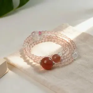 Original Strawberry Quartz Triple-Wrap Bracelet Series — Blush Prelude