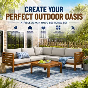 Outdoor Sectional Sofa Set Acacia Wood Patio Furniture 4 Piece Modular L Shaped Couch with Coffee Table Water Resistant Beige Cushions for Backyard Garden Poolside Japanese Style Minimalist Decor Backyard Makeover Ideas