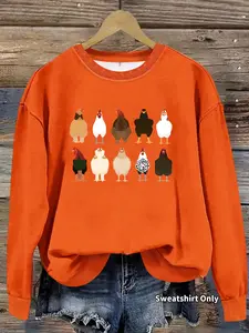 Women's Casual Rooster Print Pullover Sweater, Soft Long Sleeve Round Neck Thanksgiving Sweatshirt, All-Season Wear