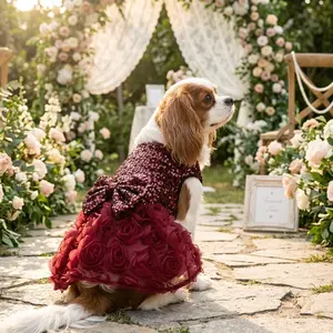 Elegant Pet Dress for Poodle Dogs & Cats, Puppy Clothes - Sleeveless Sequin Mesh with Rose Decor & Waist Bowknot, Perfect for Gifts & Party Occasions