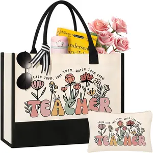 Teacher Appreciation Gift Set – Canvas Tote and Makeup Bag for Women, Thank You Present from Student, End of Year