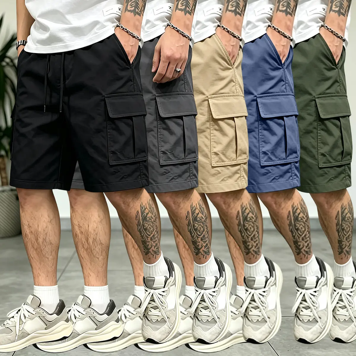 Men’s 5-piece cargo pants set with multifunctional pockets—ideal for everyday wear, office settings, and outdoor activities; casual smart-casual style; easy-care design; durable construction; functional pockets.