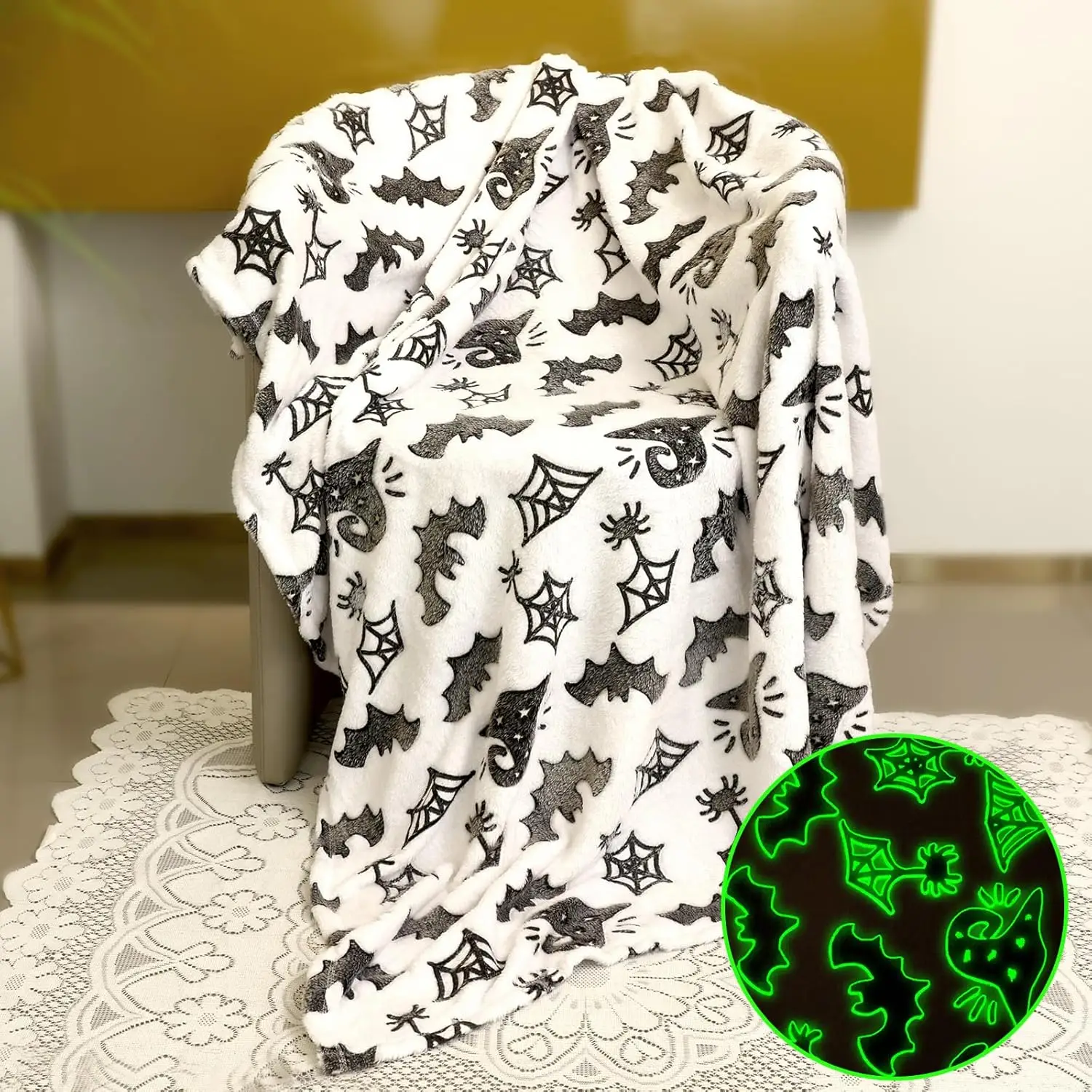 50"x60" Super Soft Blanket Glow in The Dark with Spooky Bat Design for Unique Night Lighting Experience