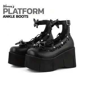 Platform Ankle Boots For Women Goth Boot Round Toe Chunky Wedge Heel Thick Sole Ankle Strap Lace Up Hearts Bows Rave Punk Concert Night Club Shoes Jennifers Body Boots Motercycle Trendy Gothic Short Booties