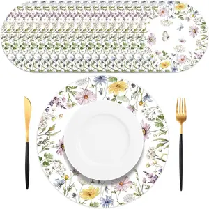 50PCS Spring Floral Disposable Paper Round Placemats Elegant Flower Wreath Design for Wedding Brunch Party Decor Table Setting Supplies