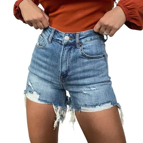 On The Go Distressed Shorts- Medium Wash