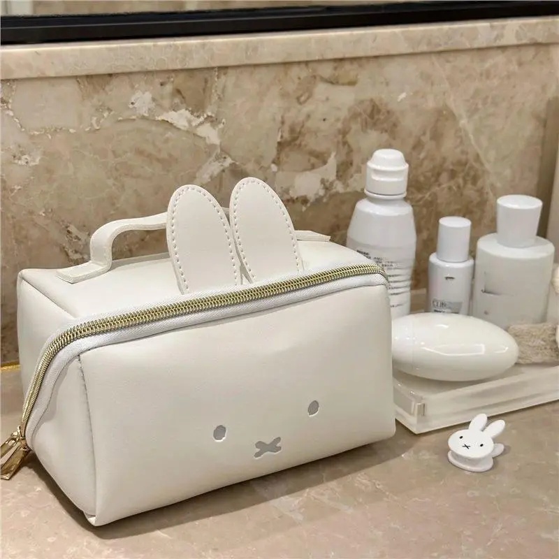 Kawaii Miffy PU Leather Waterproof Zipper Pen Bag Simple Portable Student Stationery Makeup Lipstick Storage Bag Christmas Gift